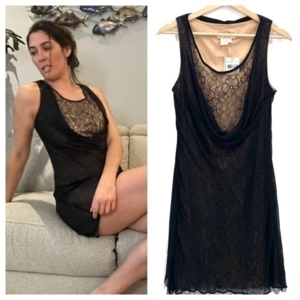 Aidan Mattox silk Draped Cowl Neck Black Lace Slip Stretch Cocktail Dress NWT